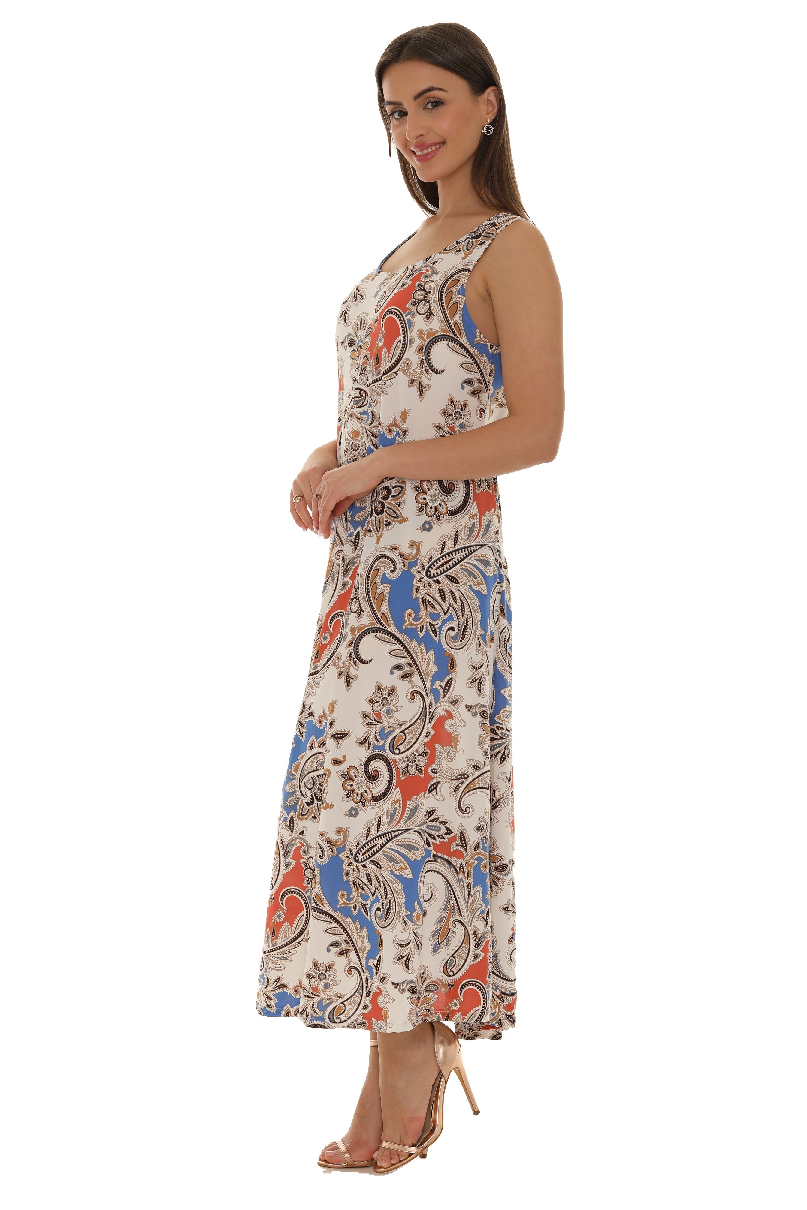 Paisley Floral Puff Print Sleeveless Maxi Dress - Shoreline Wear, Inc.