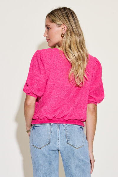 Zenana Round Neck Lantern Half Sleeve Sweater - Charming Charlie