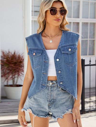 Pocketed Button Up Sleeveless Denim Jacket - Charming Charlie