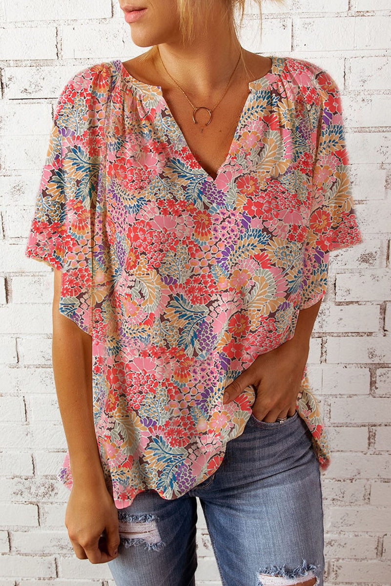 Floral Notched Neck Balloon Sleeve Blouse main image 0