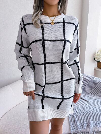 Plaid Round Neck Dropped Shoulder Sweater Dress - Charming Charlie