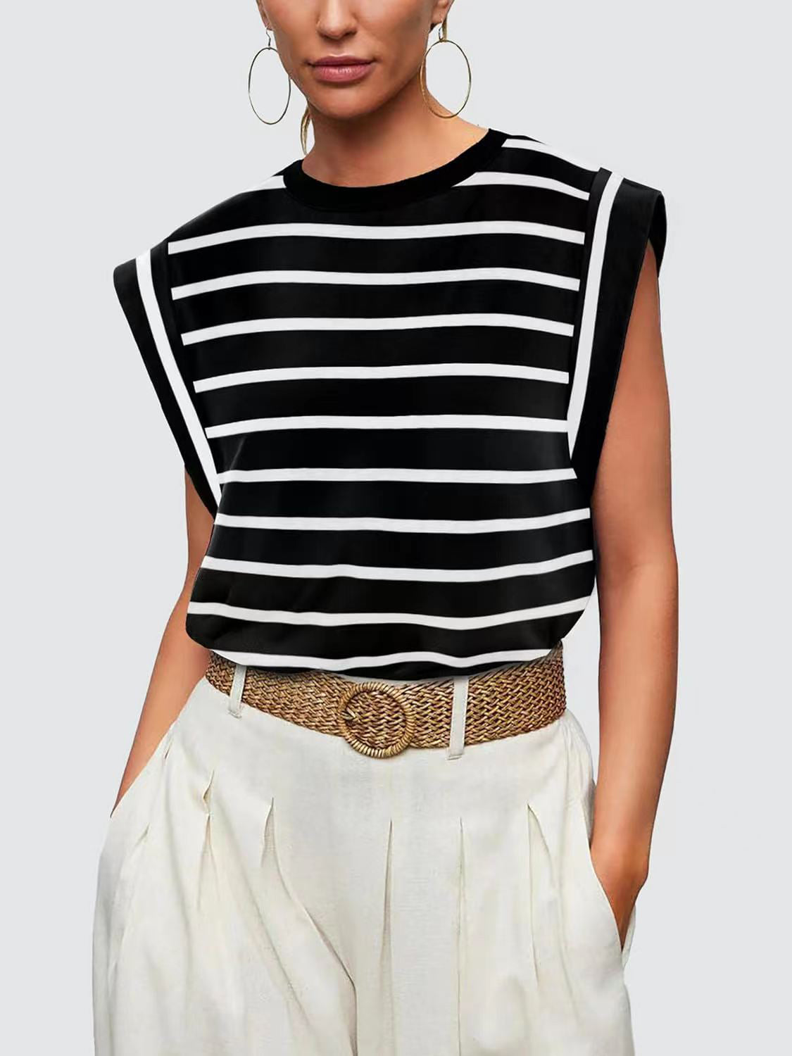 Striped Round Neck Cap Sleeve T-Shirt - Charming Charlie