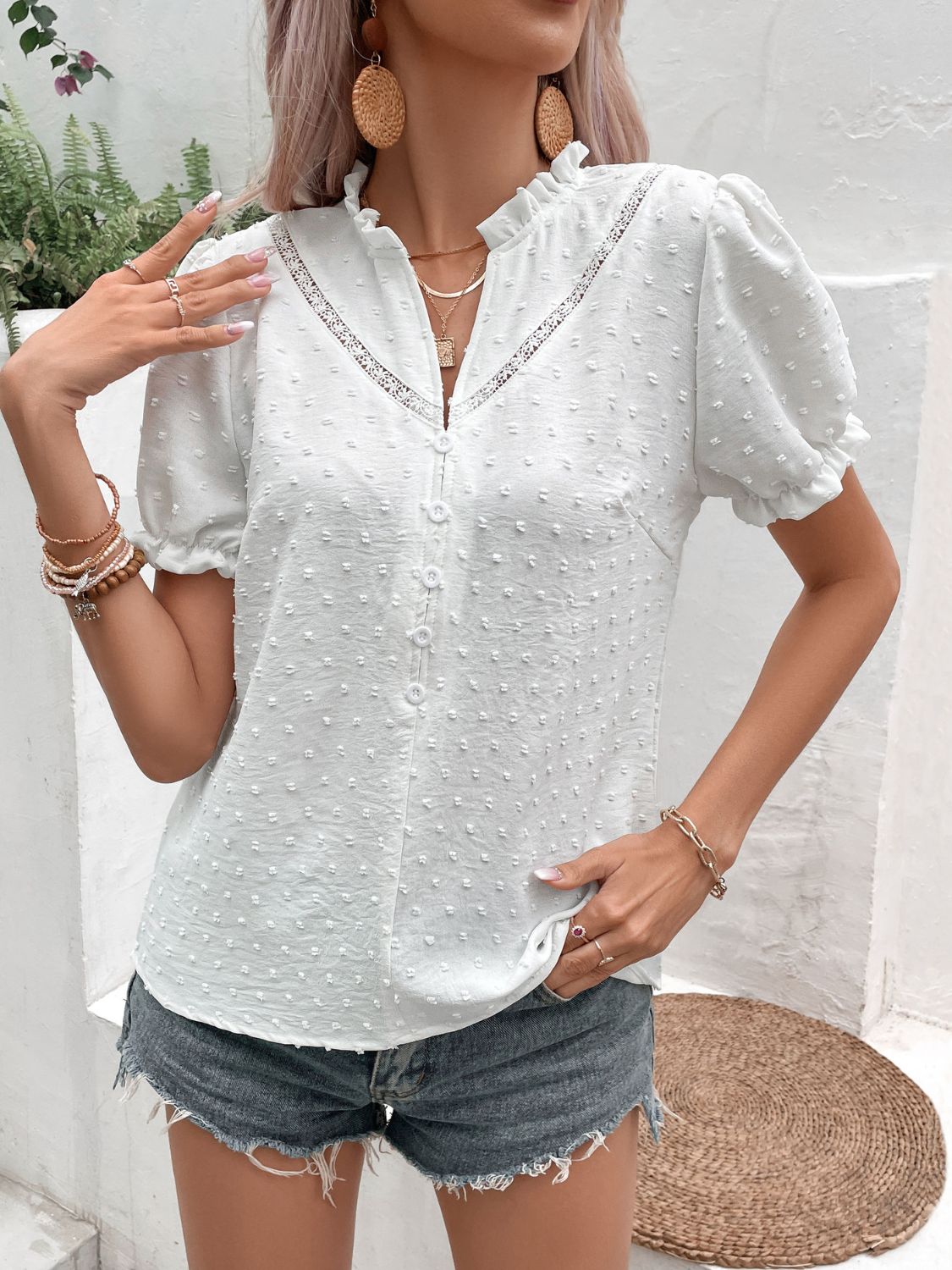 Swiss Dot Buttoned Puff Sleeve Blouse - Charming Charlie