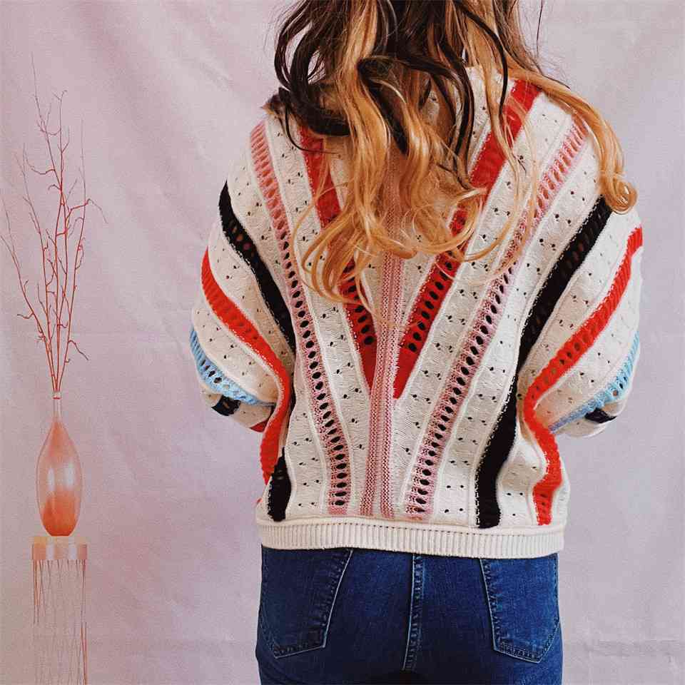Striped Openwork Round Neck Sweater - Charming Charlie