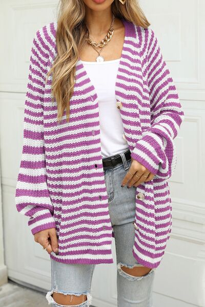 Striped Button Up Long Sleeve Cardigan - Charming Charlie