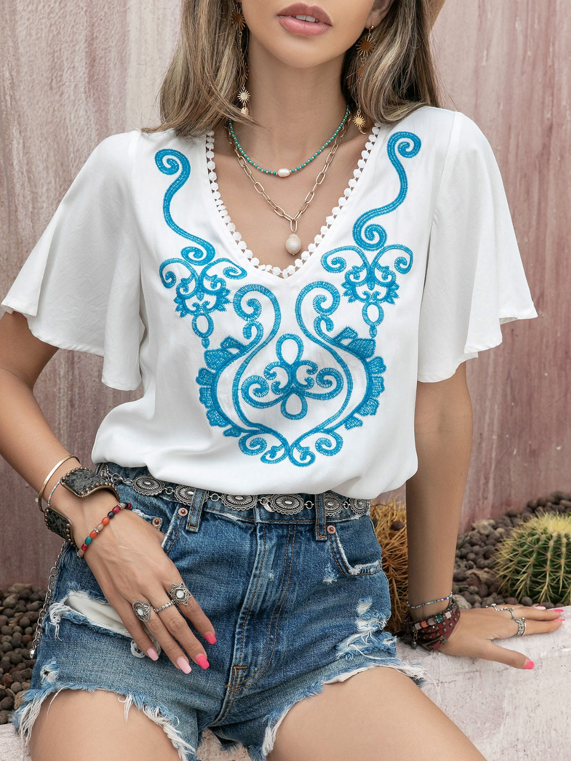 Graphic V-Neck Flutter Sleeve T-Shirt - Charming Charlie