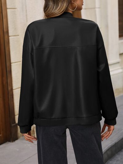 Zip Up Baseball Collar Dropped Shoulder Jacket - Charming Charlie