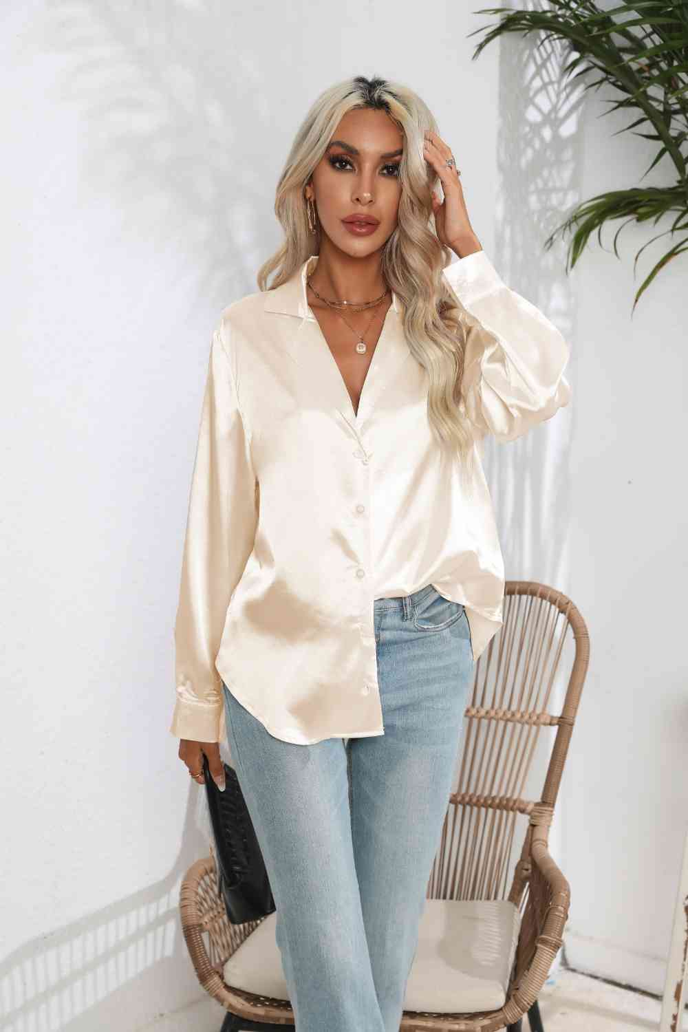Lapel Collar Button Up Long Sleeve Shirt - Charming Charlie