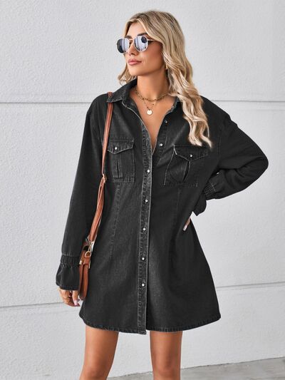 Pocketed Dropped Shoulder Mini Denim Dress - Charming Charlie