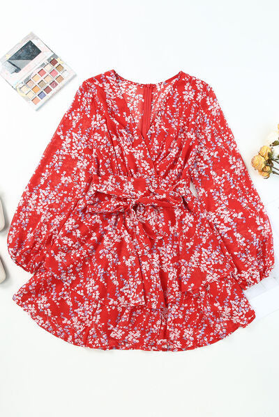 Printed Surplice Balloon Sleeve Layered Dress - Charming Charlie