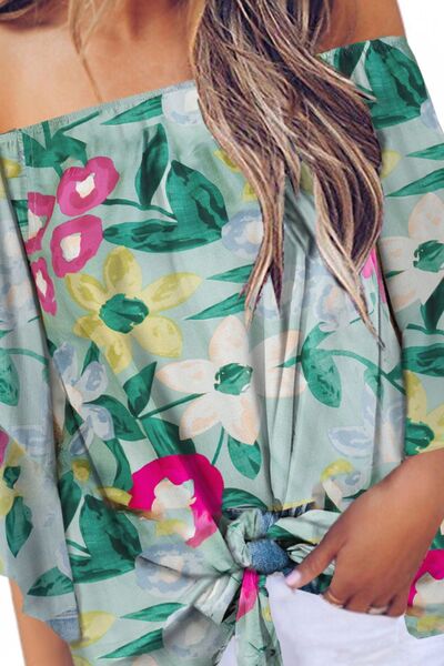 Tied Printed Off-Shoulder Half Sleeve Blouse - Charming Charlie