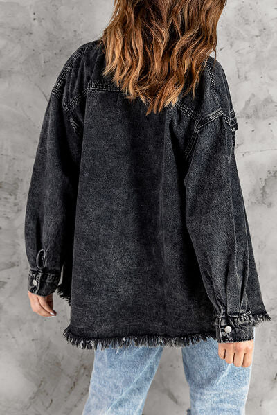 Button Up Pocketed Raw Hem Denim Jacket - Charming Charlie