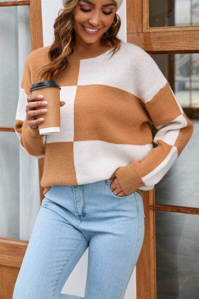 Color Block Round Neck Dropped Shoulder Sweater - Charming Charlie