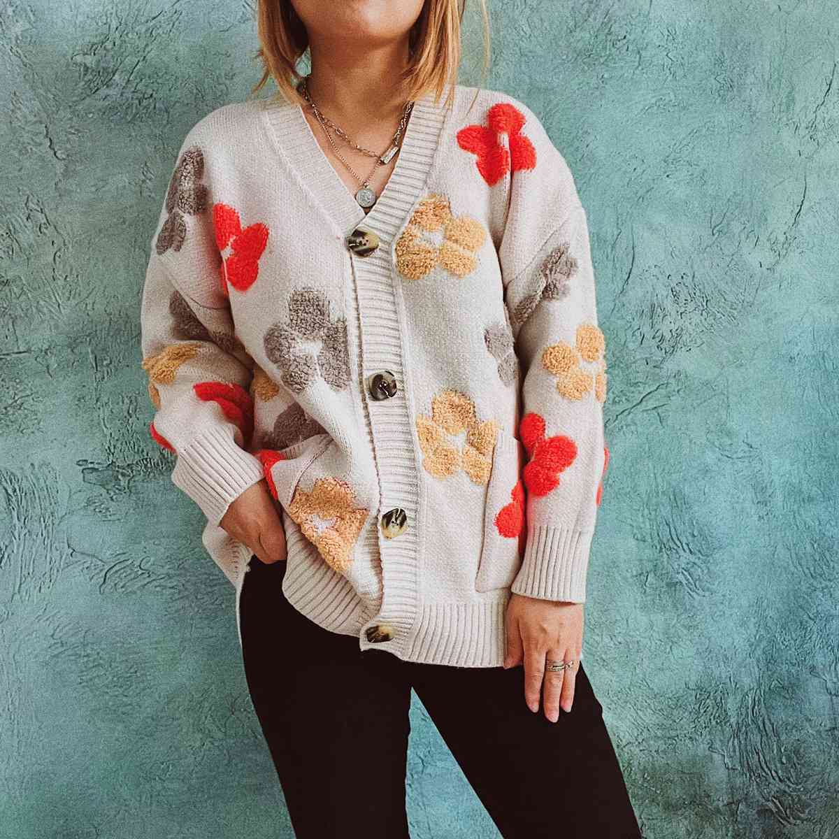 Floral V-Neck Button Up Cardigan with Pockets - Charming Charlie