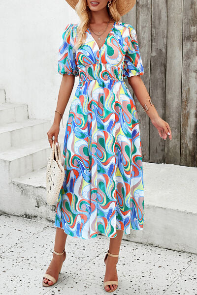 Smocked Printed V-Neck Short Sleeve Dress - Charming Charlie