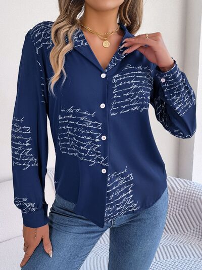 Letter Printed Button Up Long Sleeve Blouse - Charming Charlie