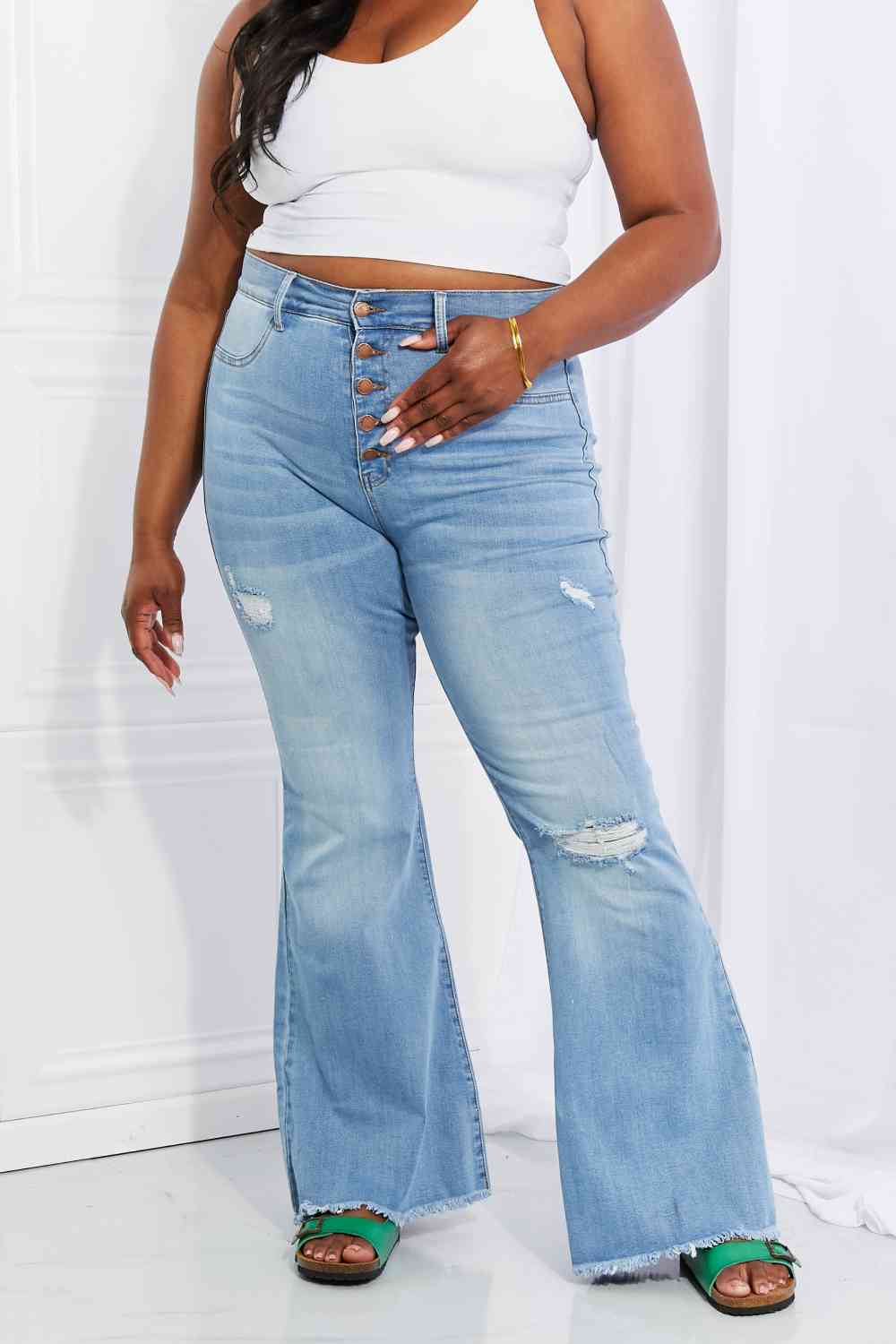 Vibrant MIU Full Size Jess Button Flare Jeans - Charming Charlie