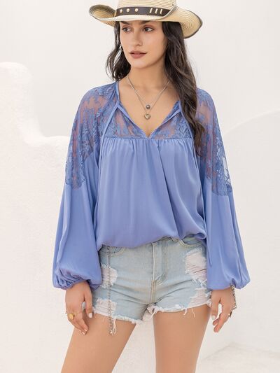 Lace Detail Tie Neck Balloon Sleeve Blouse - Charming Charlie