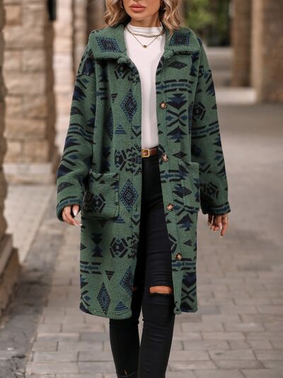 Geometric Pocketed Dropped Shoulder Coat - Charming Charlie