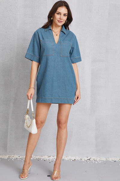 Pocketed Collared Neck Mini Denim Dress - Charming Charlie