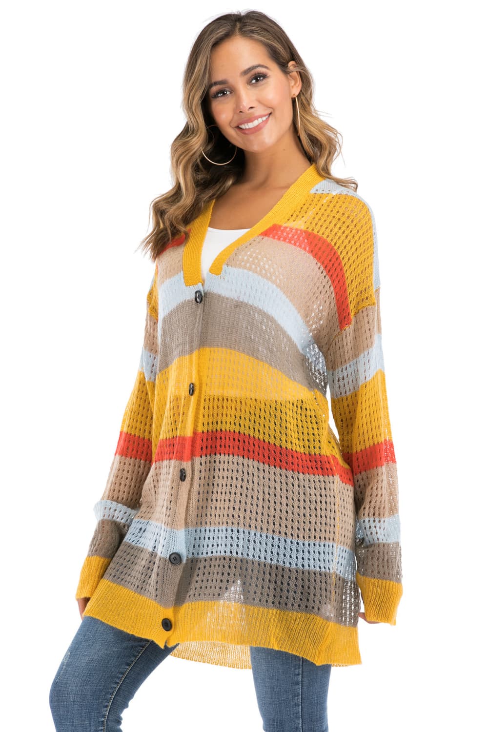 Color Block Openwork Long Sleeve Cardigan - Charming Charlie
