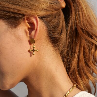 Gold-Plated Stainless Steel Cross Shape Earrings - Charming Charlie