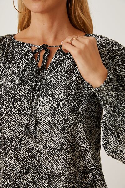 Printed Tie Neck Lantern Sleeve Blouse - Charming Charlie