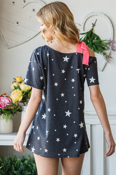 Heimish Full Size Star Print Asymmetrical Neck Short Sleeve Top - Charming Charlie