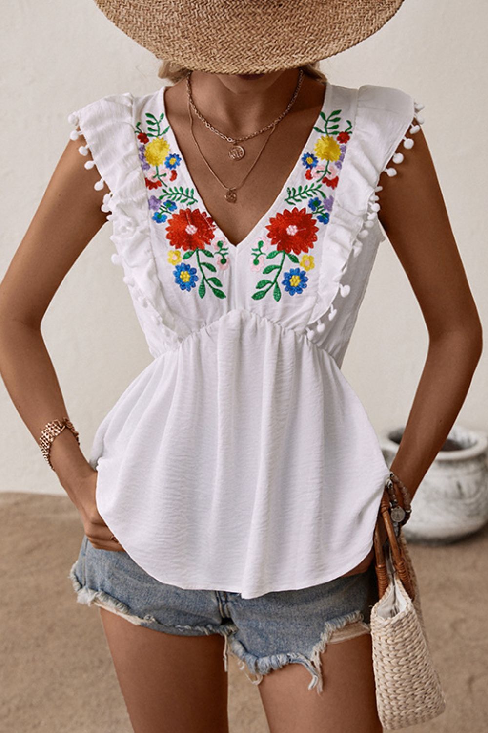Embroidered Pom-Pom Trim Cap Sleeve Babydoll Top - Charming Charlie