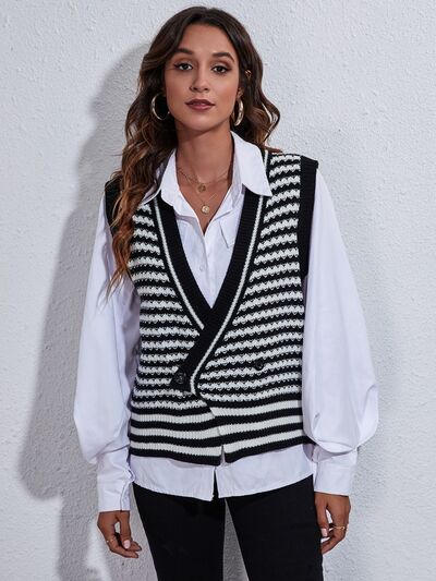 Striped Button Up V-Neck Sweater Vest - Charming Charlie