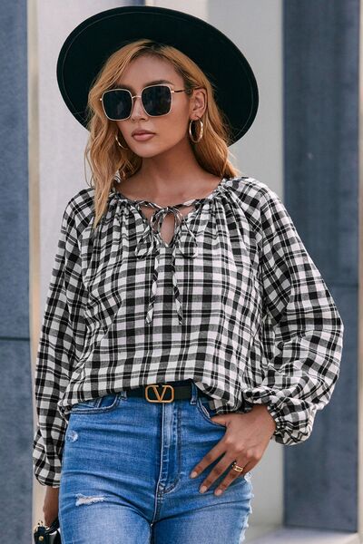Plaid Tie Neck Balloon Sleeve Blouse - Charming Charlie