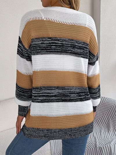 Openwork Striped Open Front Cardigan - Charming Charlie
