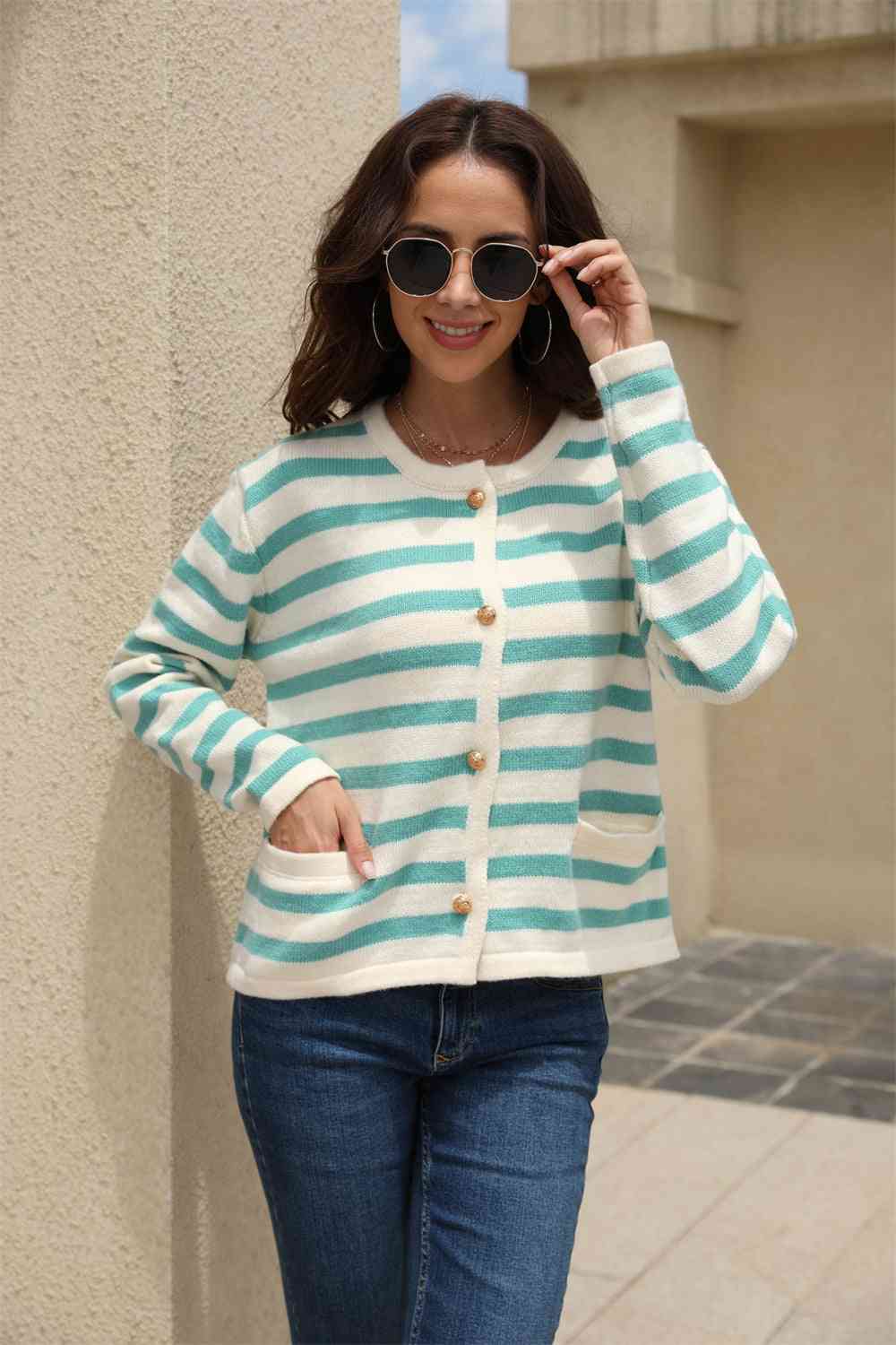 Striped Round Neck Button-Down Dropped Shoulder Cardigan - Charming Charlie
