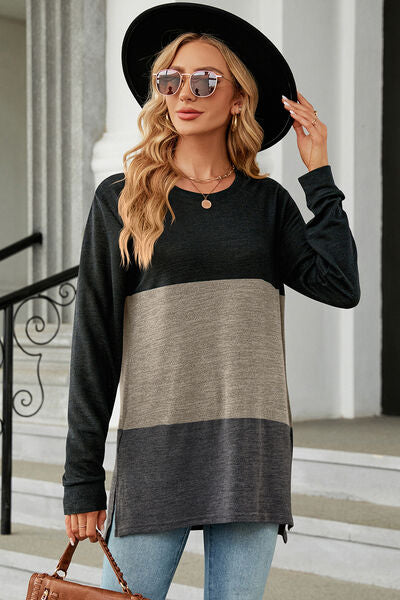 Color Block Round Neck Long Sleeve T-Shirt - Charming Charlie