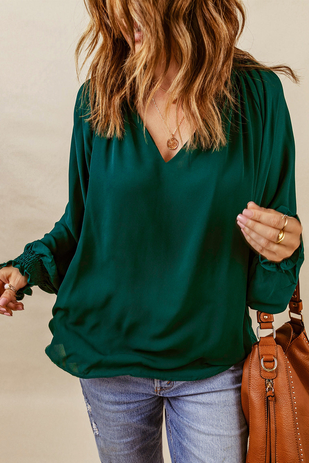 Notched Neck Lantern Sleeve Blouse - Charming Charlie