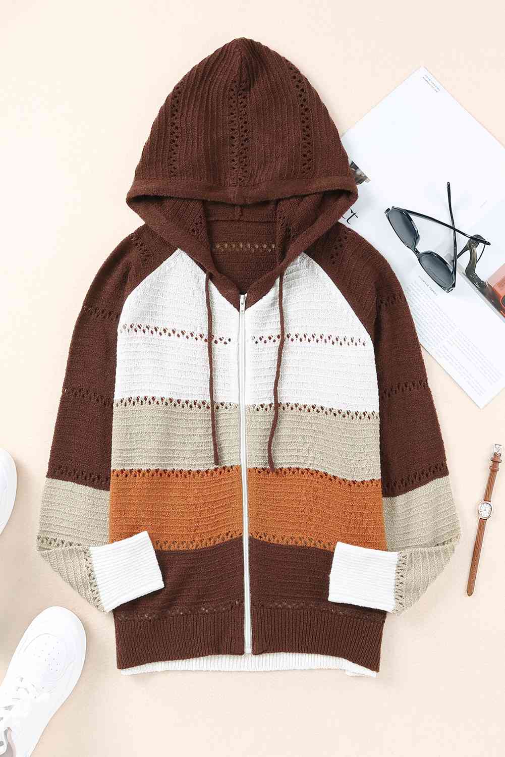 Zip-Up Raglan Sleeve Openwork Hooded Cardigan - Charming Charlie