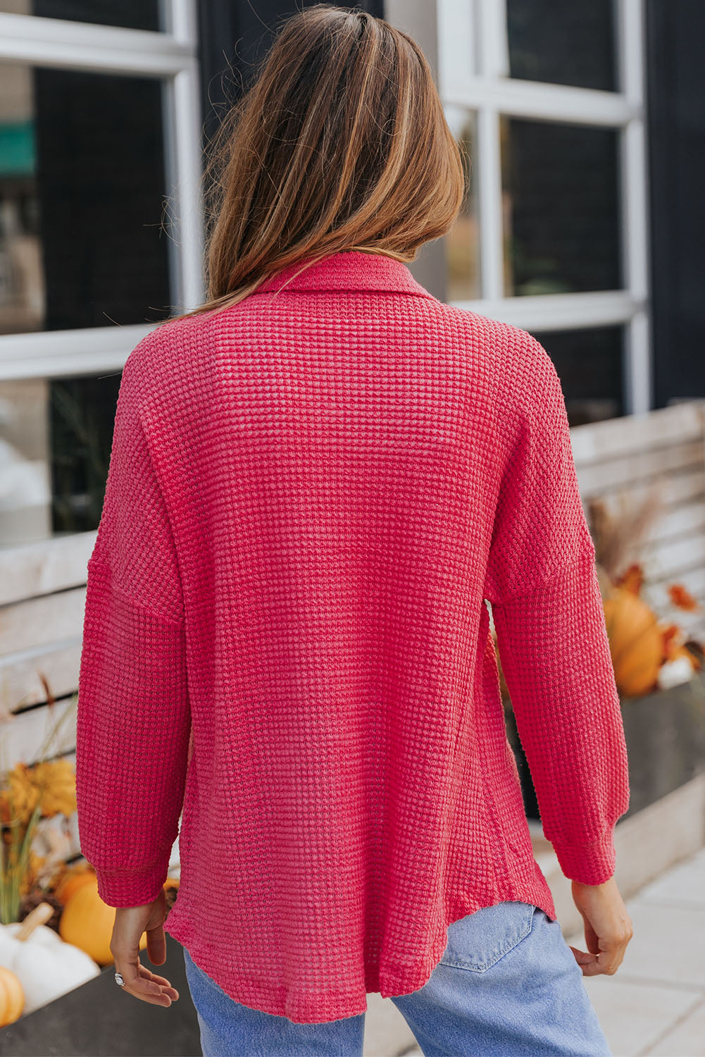 Waffle-Knit Collared Neck Dropped Shoulder Shirt - Charming Charlie