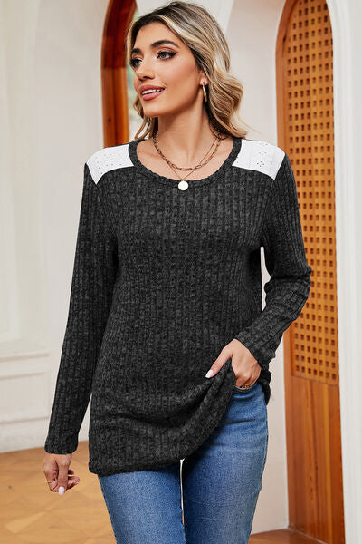 Eyelet Ribbed Round Neck Long Sleeve T-Shirt - Charming Charlie