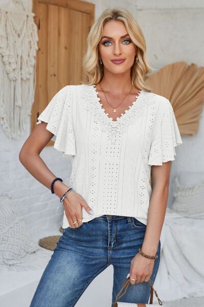 Eyelet Applique V-Neck Cap Sleeve T-Shirt - Charming Charlie