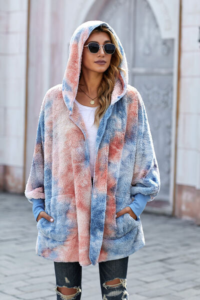 Tie-Dye Plush Hooded Jacket with Pockets - Charming Charlie