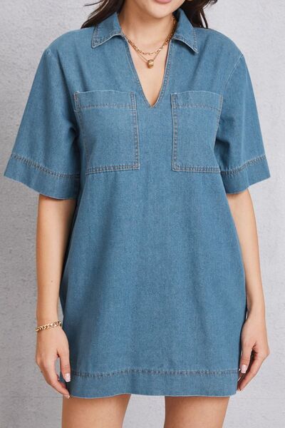 Pocketed Collared Neck Mini Denim Dress - Charming Charlie