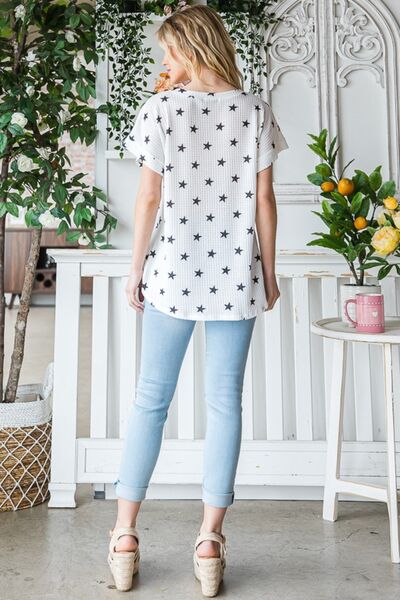 Heimish Full Size Star Print Short Sleeve V-Neck Waffle Knit T-Shirt - Charming Charlie