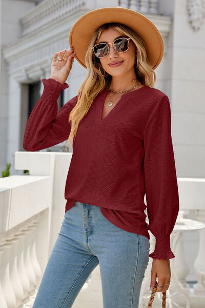 Round Neck Smocked Lantern Sleeve T-Shirt main image 1