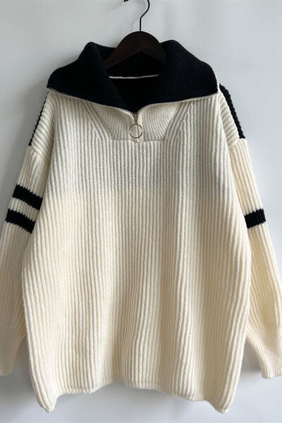 Quarter Zip Striped Dropped Shoulder Sweater - Charming Charlie