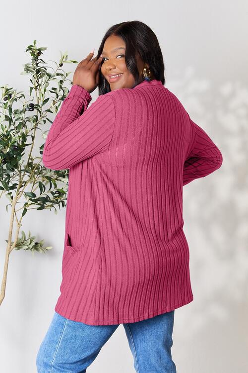 Basic Bae Full Size Ribbed Open Front Cardigan with Pockets - Charming Charlie