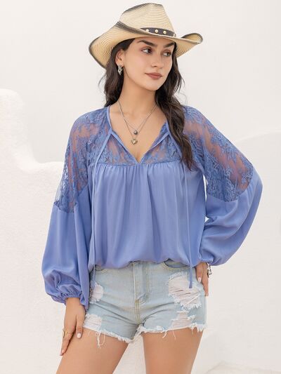Lace Detail Tie Neck Balloon Sleeve Blouse - Charming Charlie