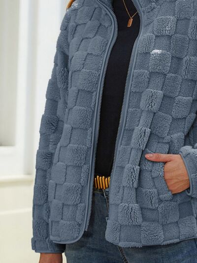 Fuzzy Checkered Zip Up Jacket - Charming Charlie