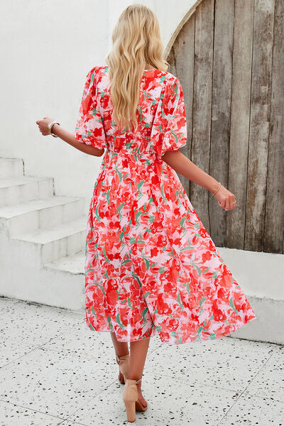 Smocked Printed V-Neck Short Sleeve Dress - Charming Charlie