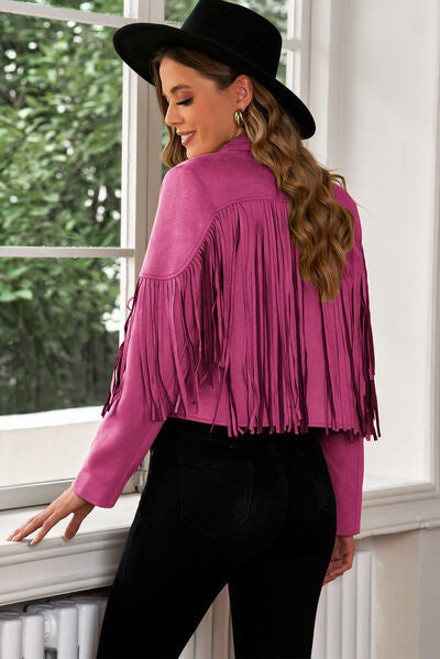 Fringe Trim Lapel Collar Cropped Blazer - Charming Charlie