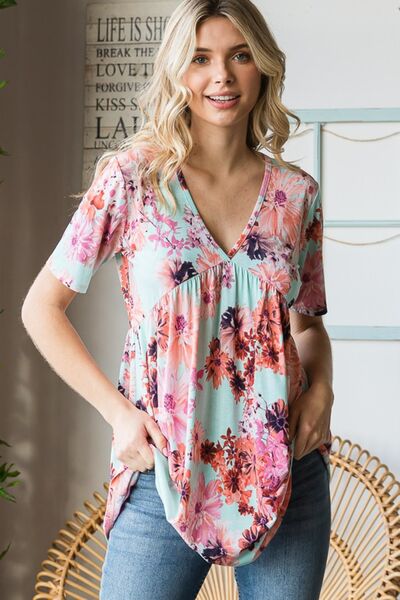 Heimish Full Size Floral V-Neck Short Sleeve Babydoll Blouse - Charming Charlie